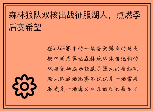 森林狼队双核出战征服湖人，点燃季后赛希望